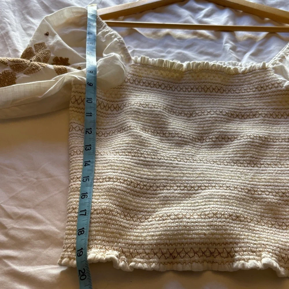 Anthropologie White Embroidered Smocked Crop Top Square Neck Puff Sleeve